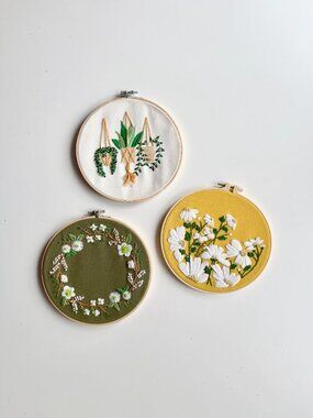 Lot of 3 Handmade Plant Floral Themed Embroidered Hoops Wall Art